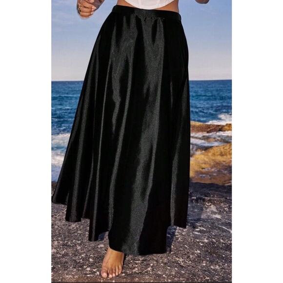 Shien Curve Long Black Silky Skirt Sz 3XL Flowy Side Seam Zipper Plus Size - Picture 8 of 10
